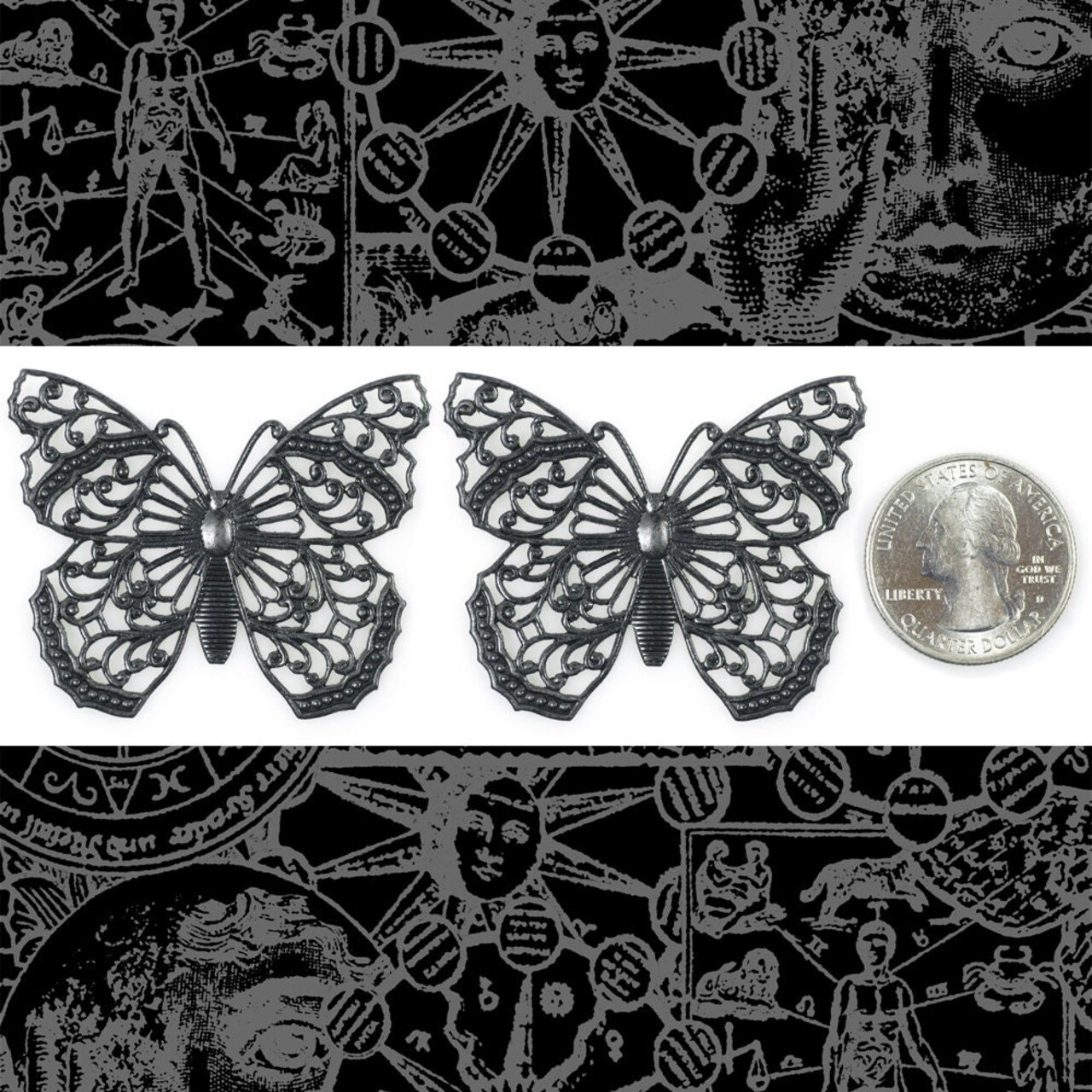 Black Plated Brass Filigree Butterfly Pendants - Set of Two - BB-P14